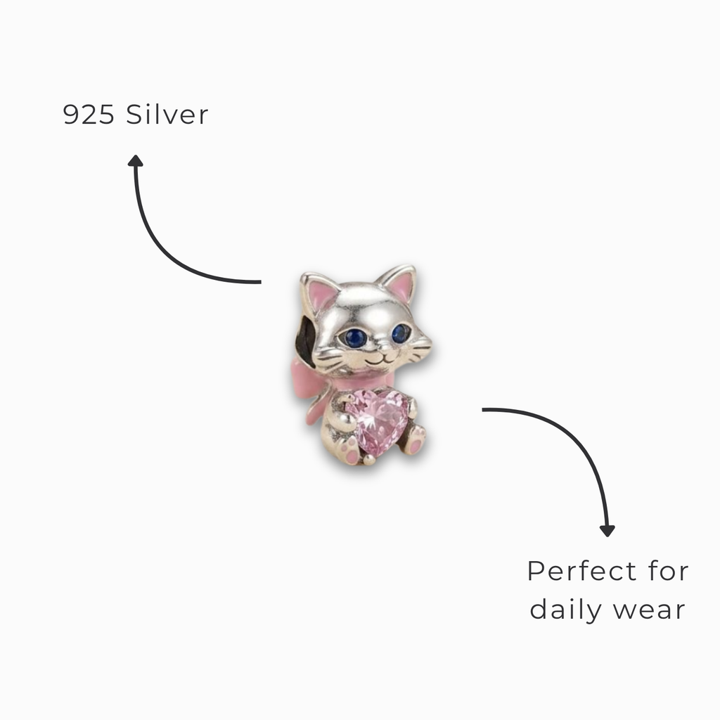 925 Silver Sparkling Heart Kitten Charm