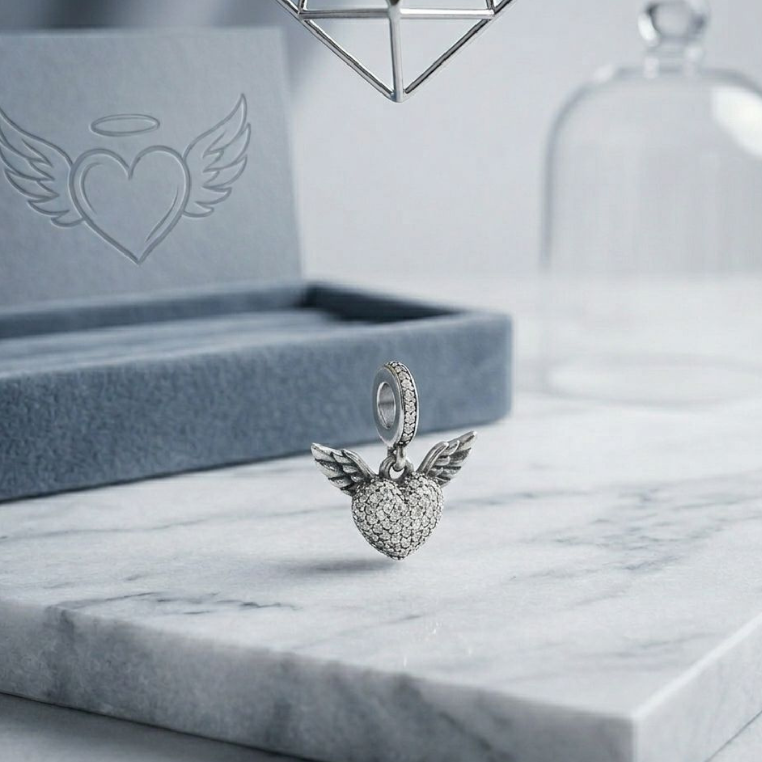925 Silver CZ Angel Wings Heart Dangle Charm