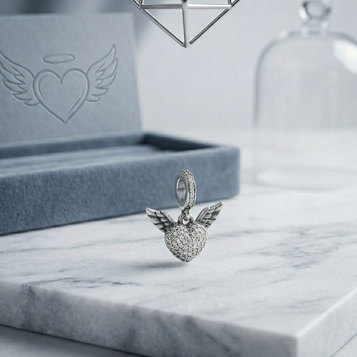 925 Silver CZ Angel Wings Heart Dangle Charm