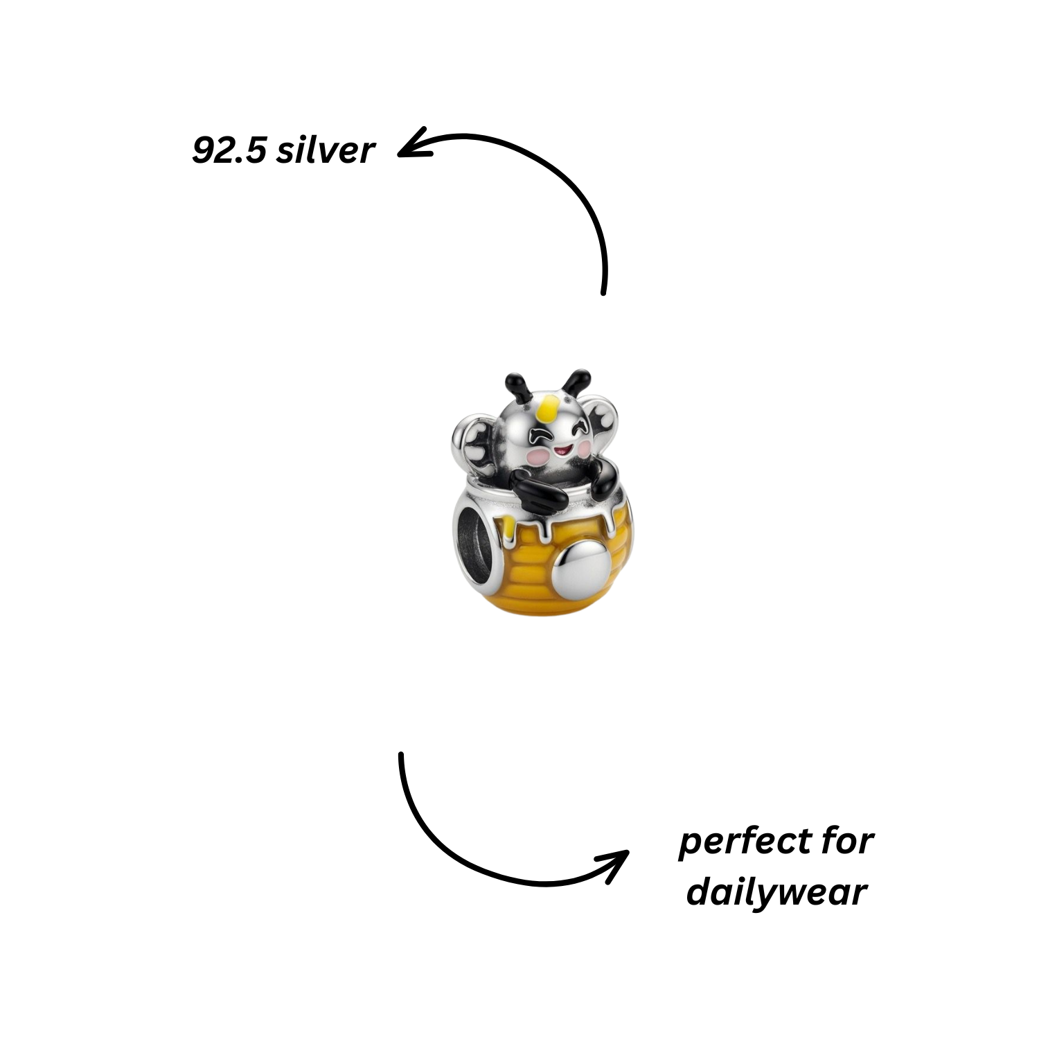925 Silver Happy Honey Bee in Honeypot Bead Charm