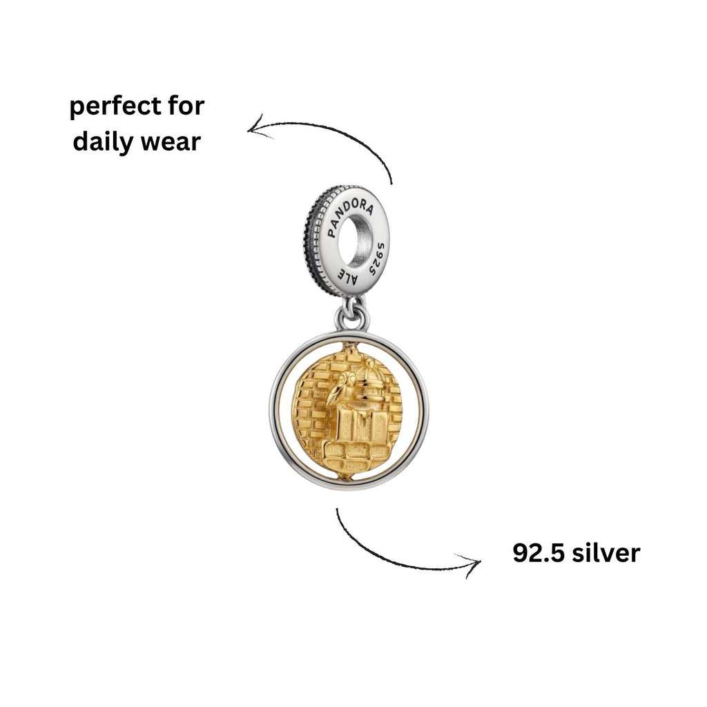 925 Silver Two-Tone Platform 9 ¾ & Wizard's School Dangle Charm