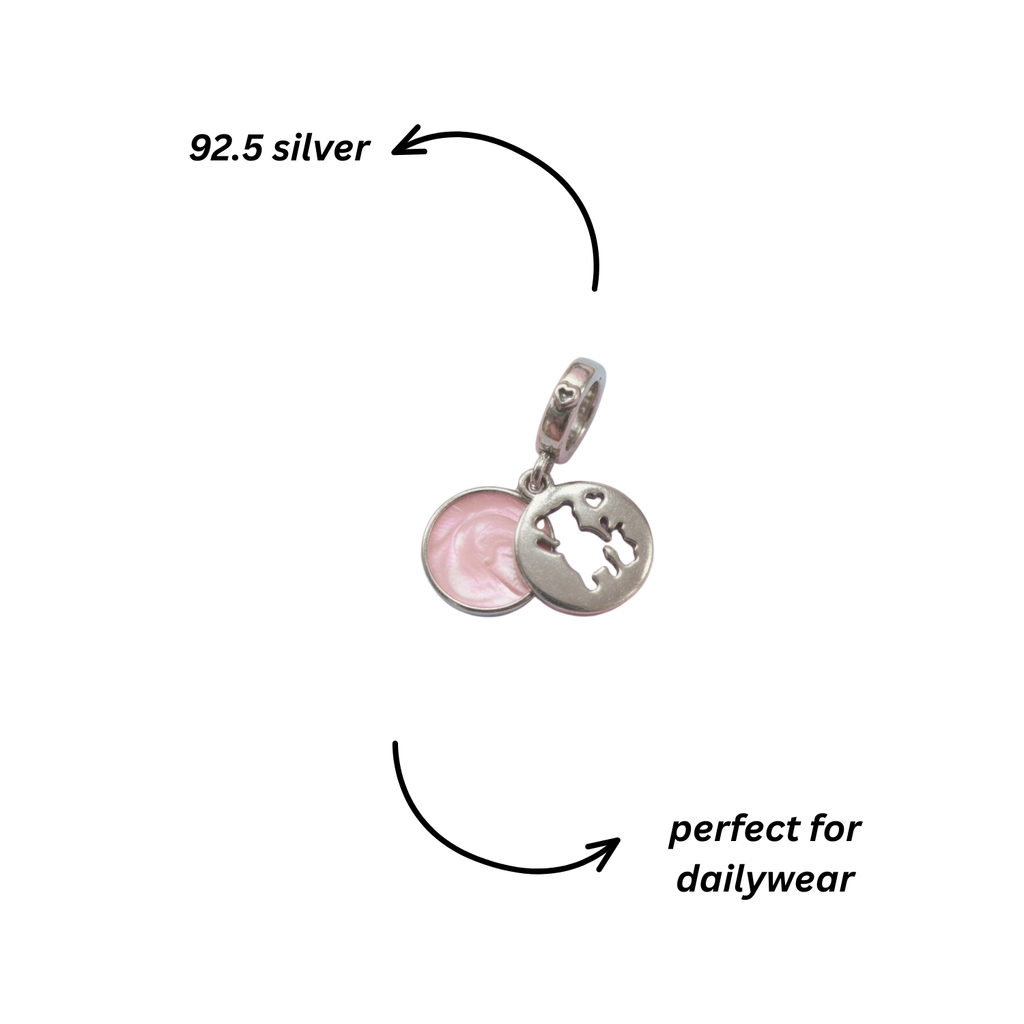 925 Silver Teddy Bear Pink Disc Dangle Charm