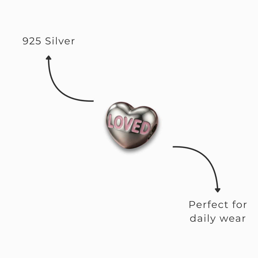 925 Silver "Loved" Pink Enamel Heart Charm