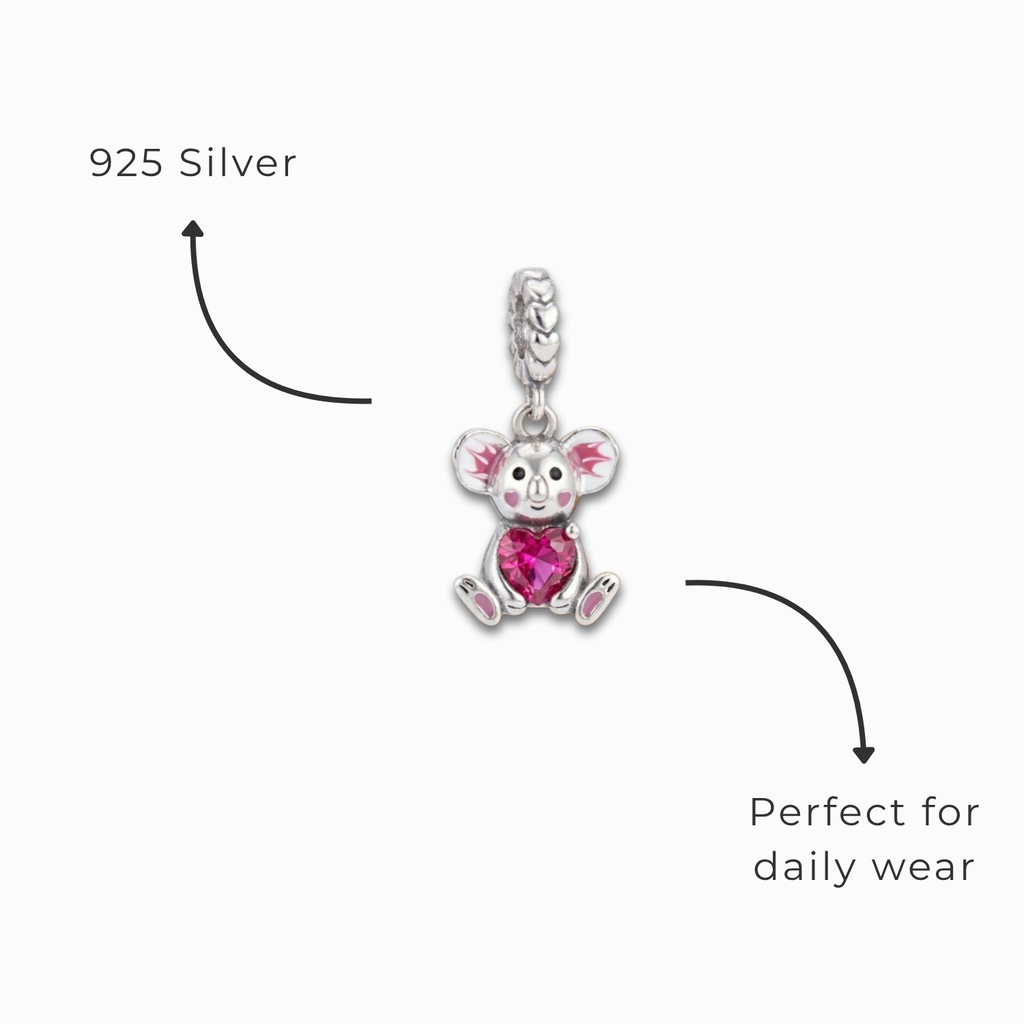 925 Silver Sparkling Heart Koala Dangle Charm