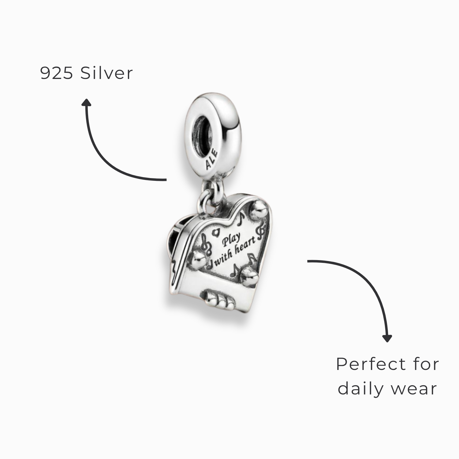 925 Silver Melodic Grand Piano Heart Charm