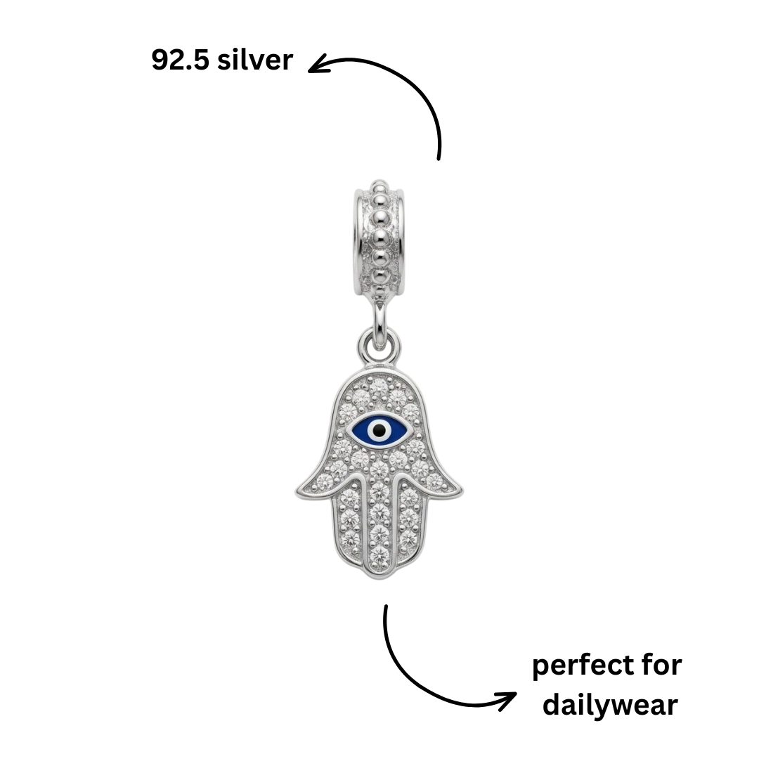925 Silver CZ Hamsa Evil Eye Protection Dangle Charm