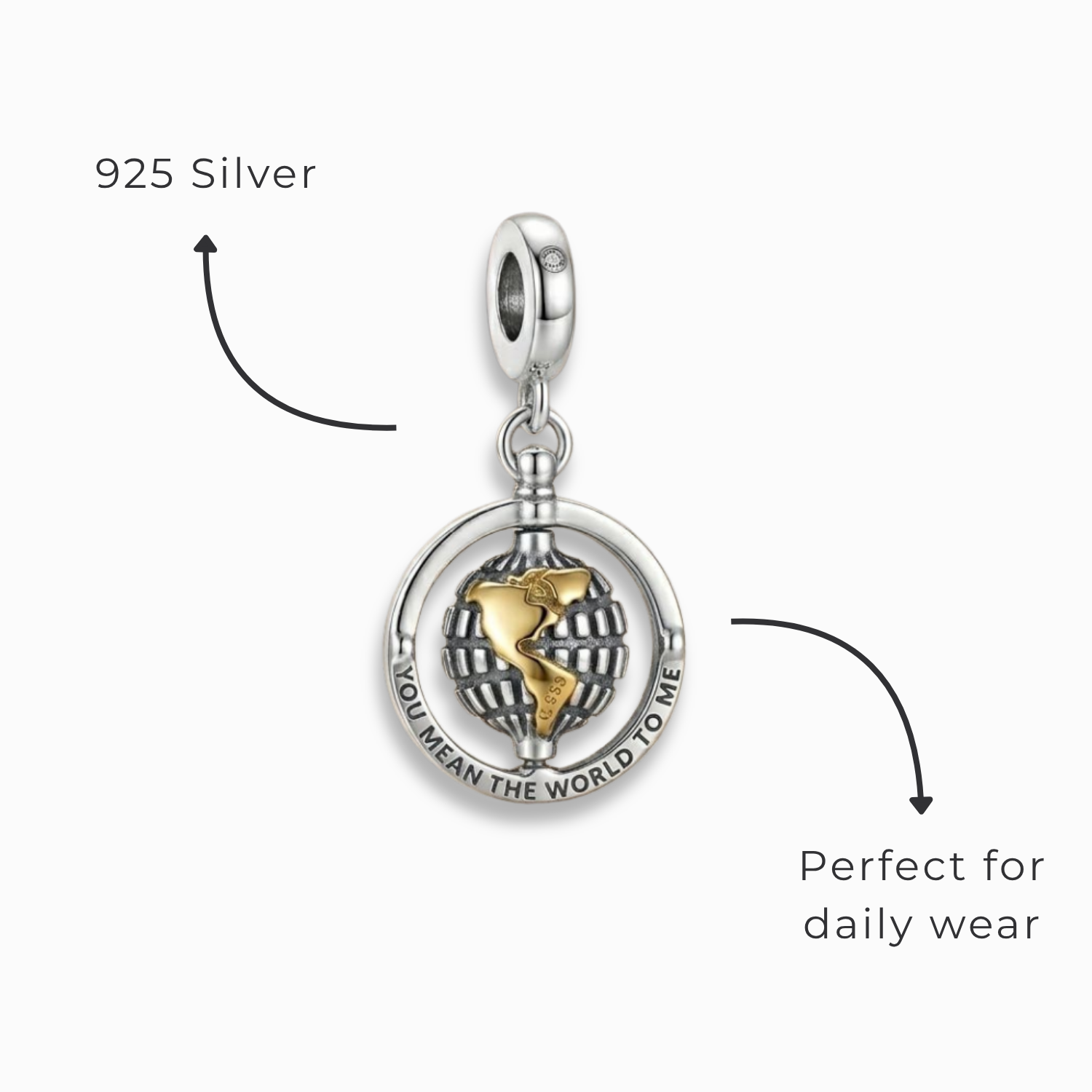 925 Silver "You Mean the World to Me" Spinning Globe Charm