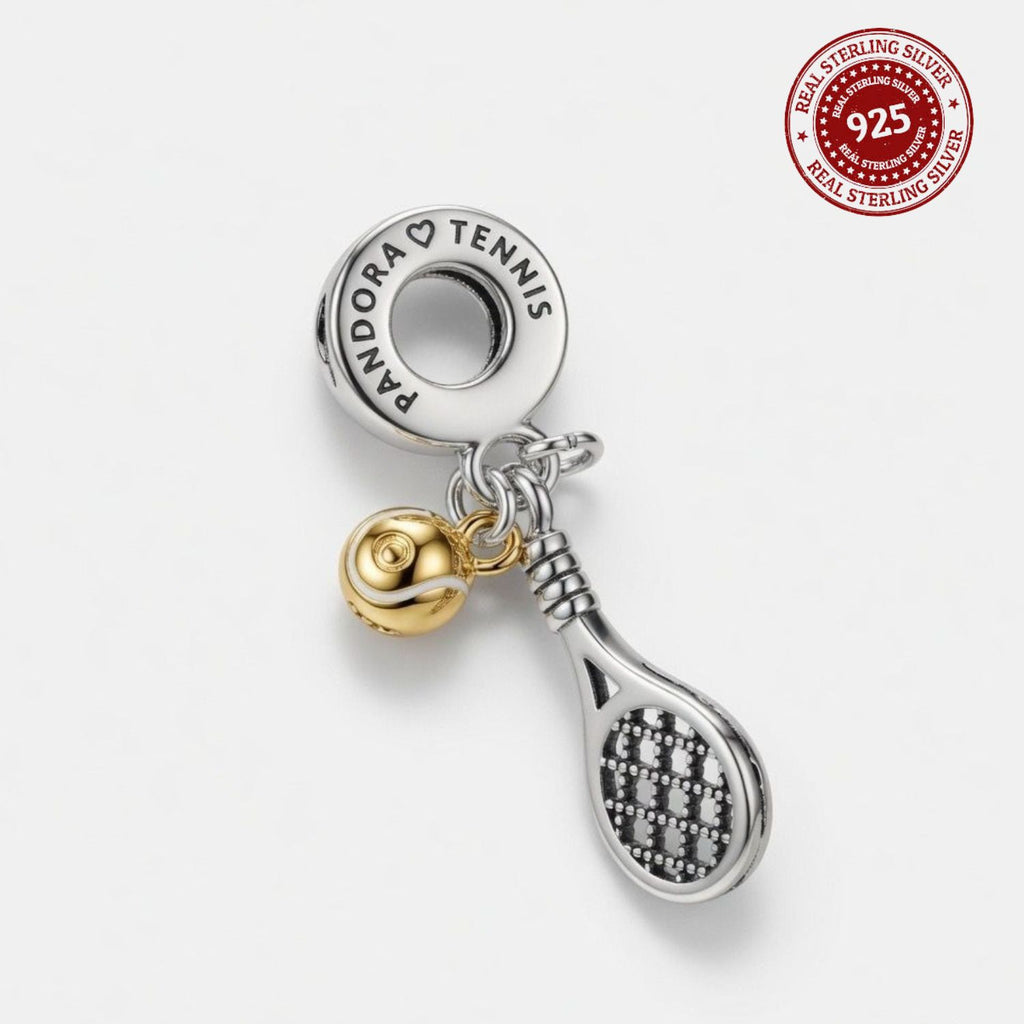 925 Silver Two-Tone Tennis Racket & Ball Dangle Charm