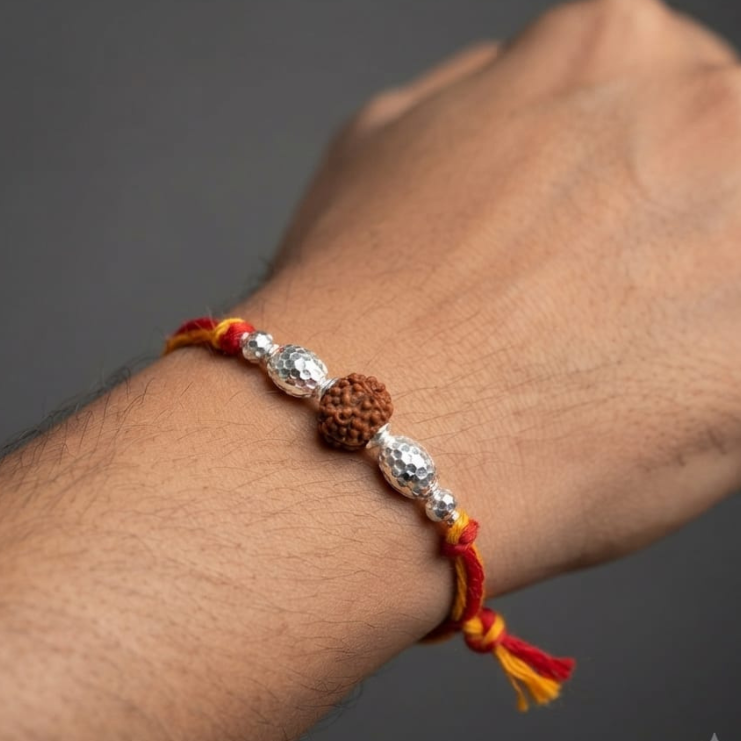 925 Silver Rudraksha Rakhi with Hammered Beads