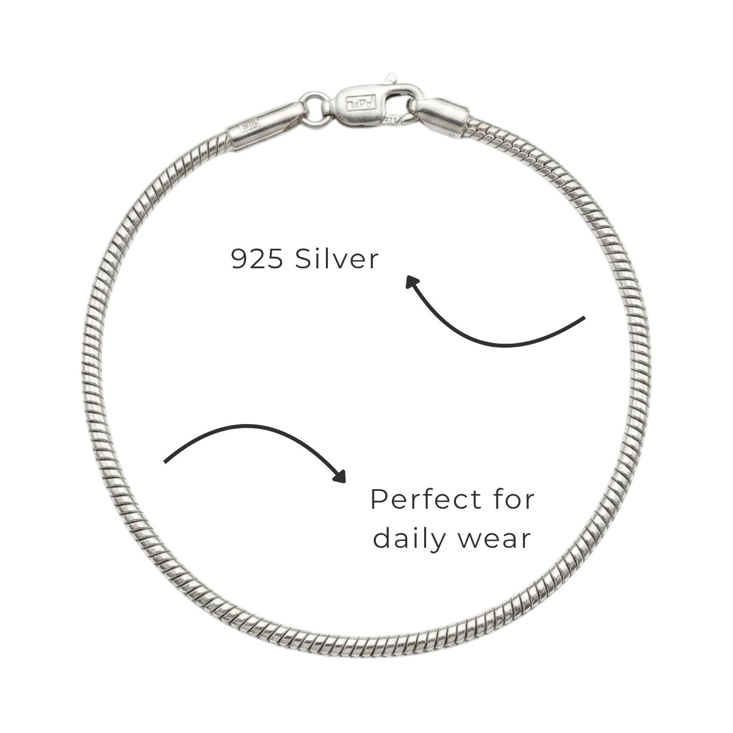 925 Sterling Silver Petite Rounded Snake Chain Bracelet