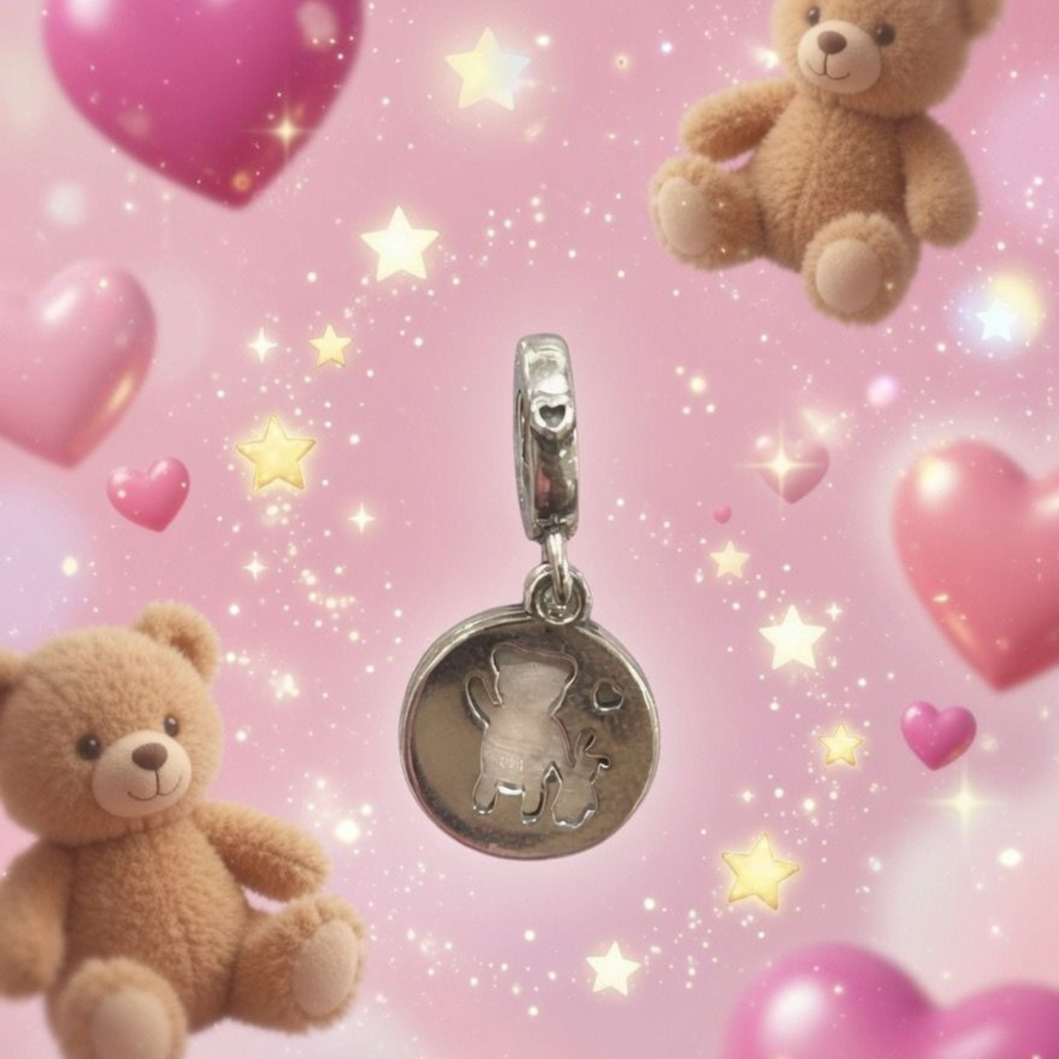 925 Silver Teddy Bear Pink Disc Dangle Charm