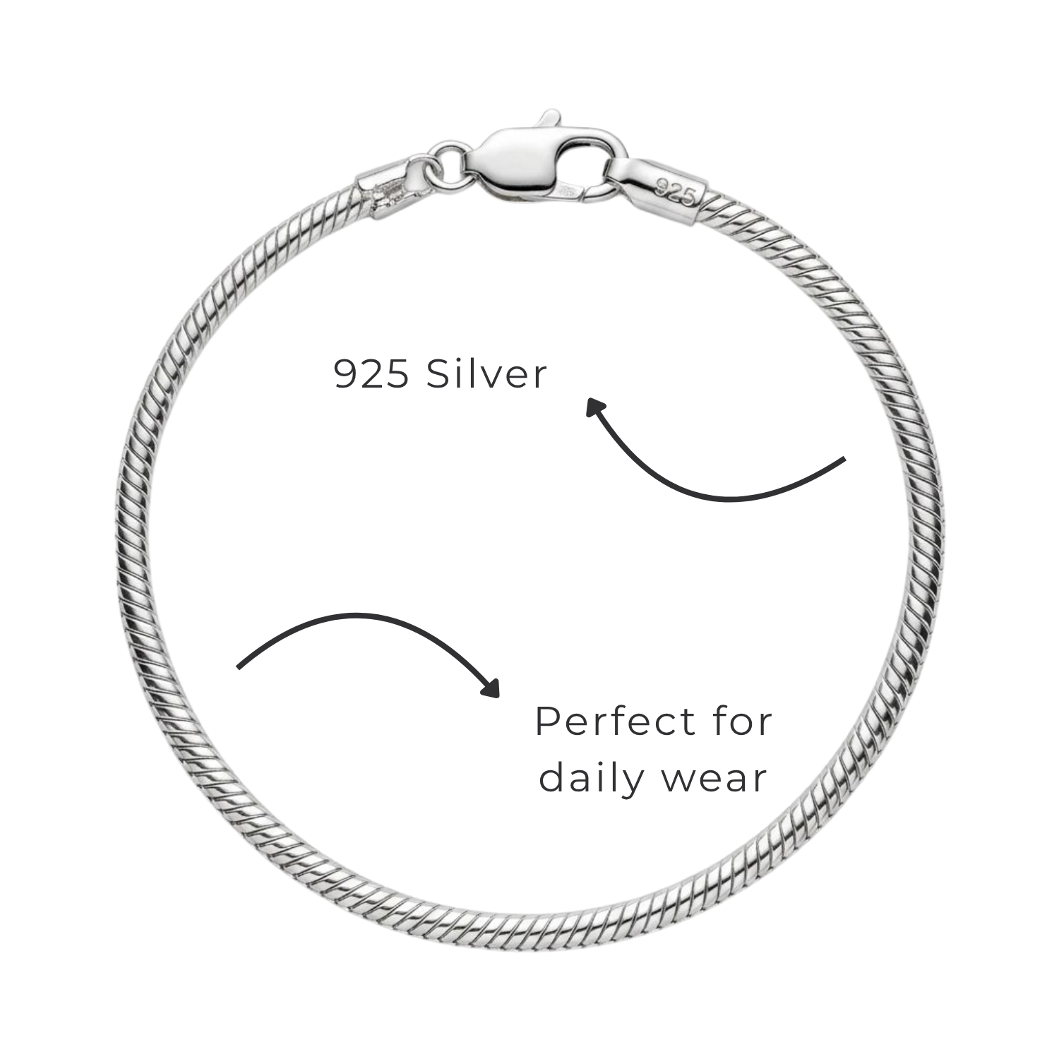 925 Sterling Silver Essential Snake Chain Charm Bracelet