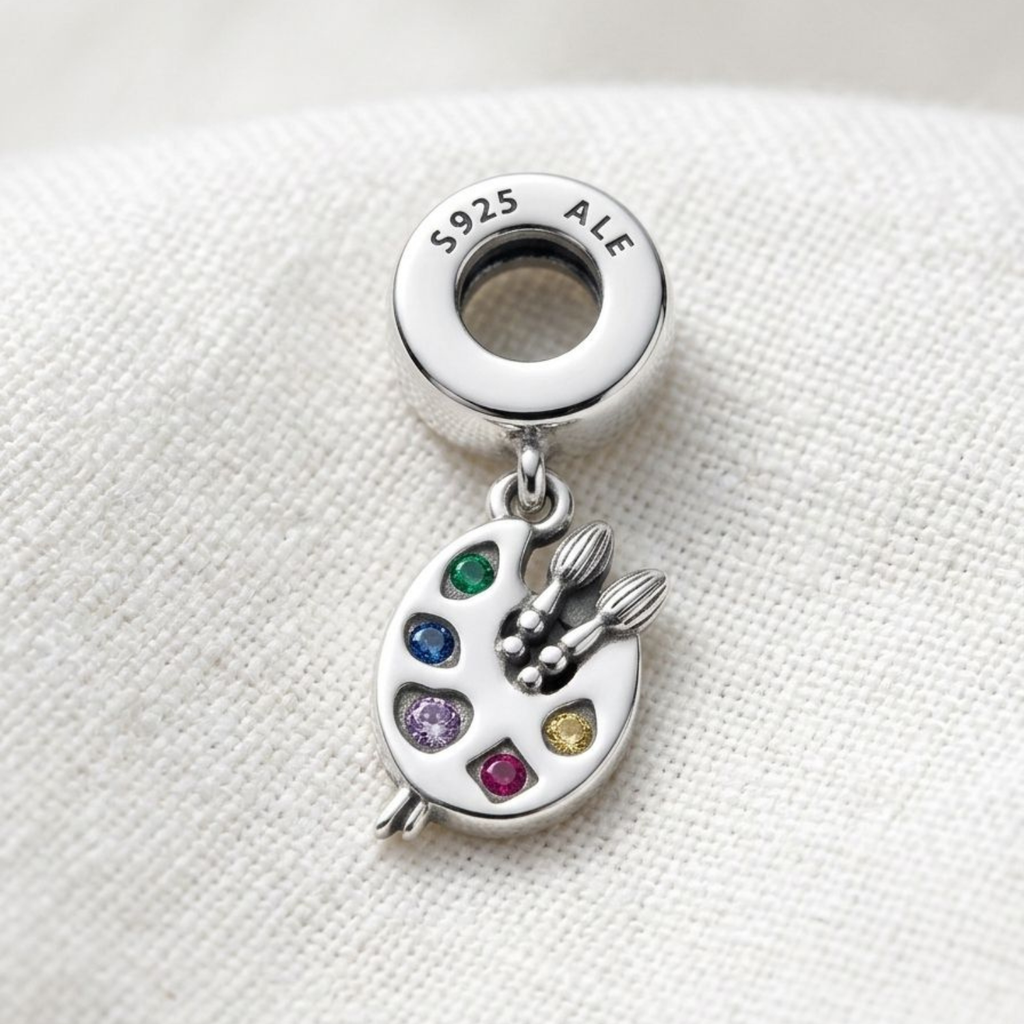 925 Silver Artist's Palette & Paintbrush Dangle Charm