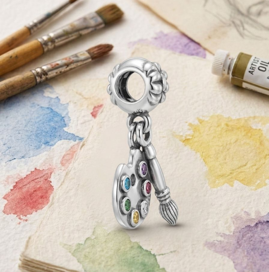 925 Silver Artist Palette & Paintbrush Dangle Charm