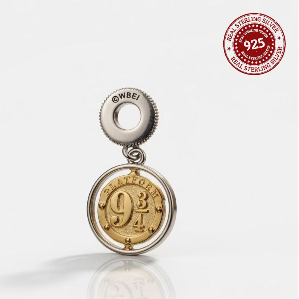 925 Silver Two-Tone Platform 9 ¾ & Wizard's School Dangle Charm