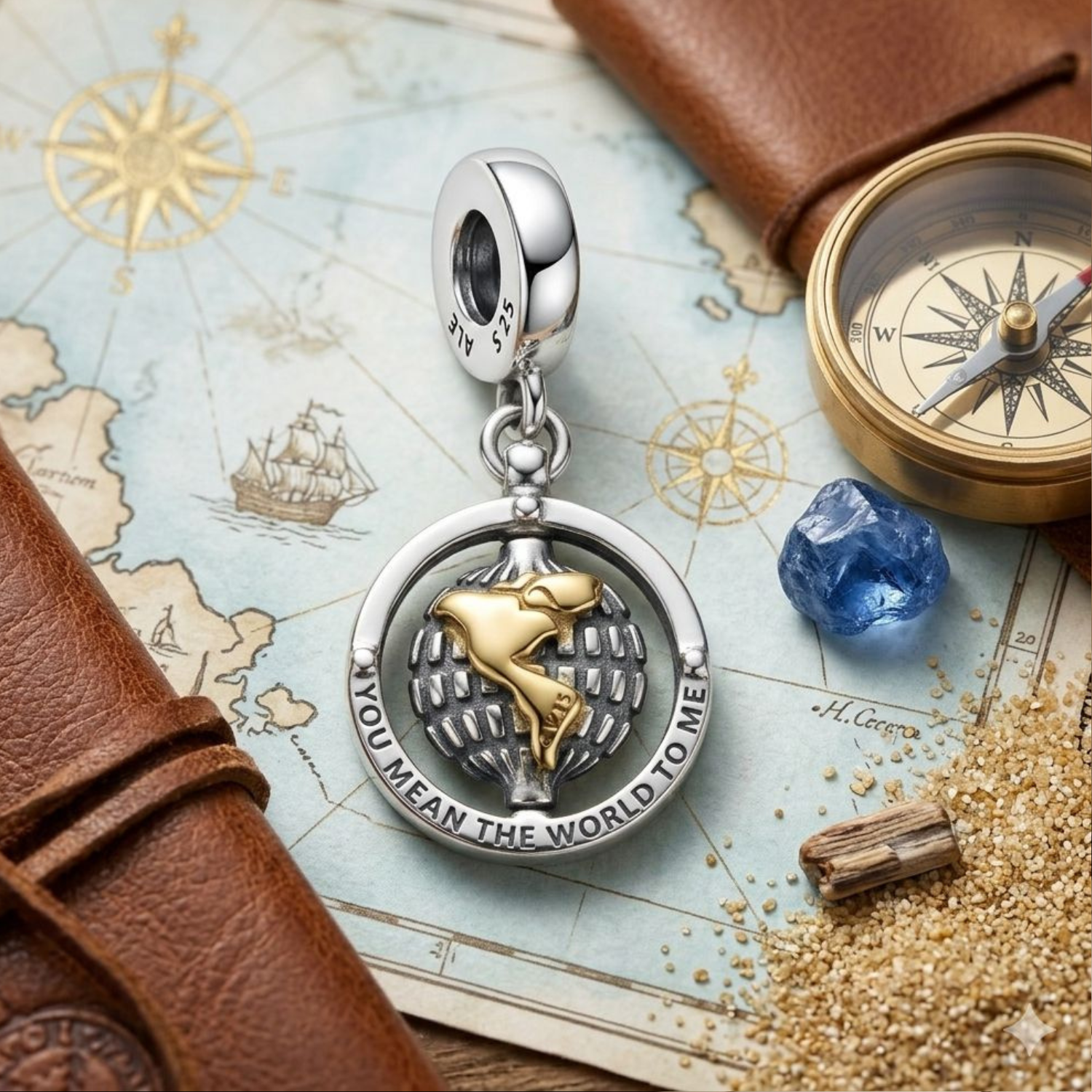 925 Silver "You Mean the World to Me" Spinning Globe Charm