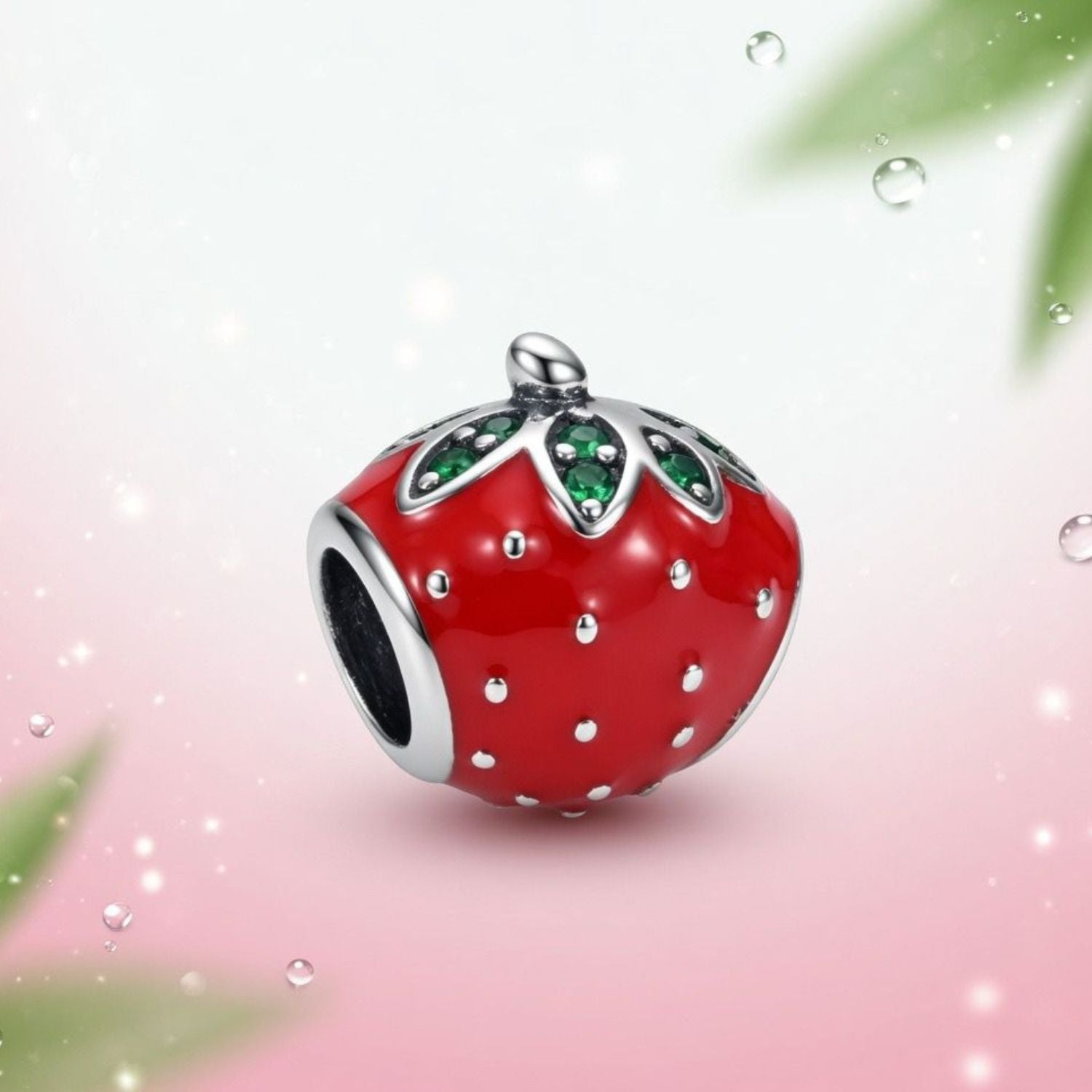 925 Silver Sparkling Leaf Strawberry Charm