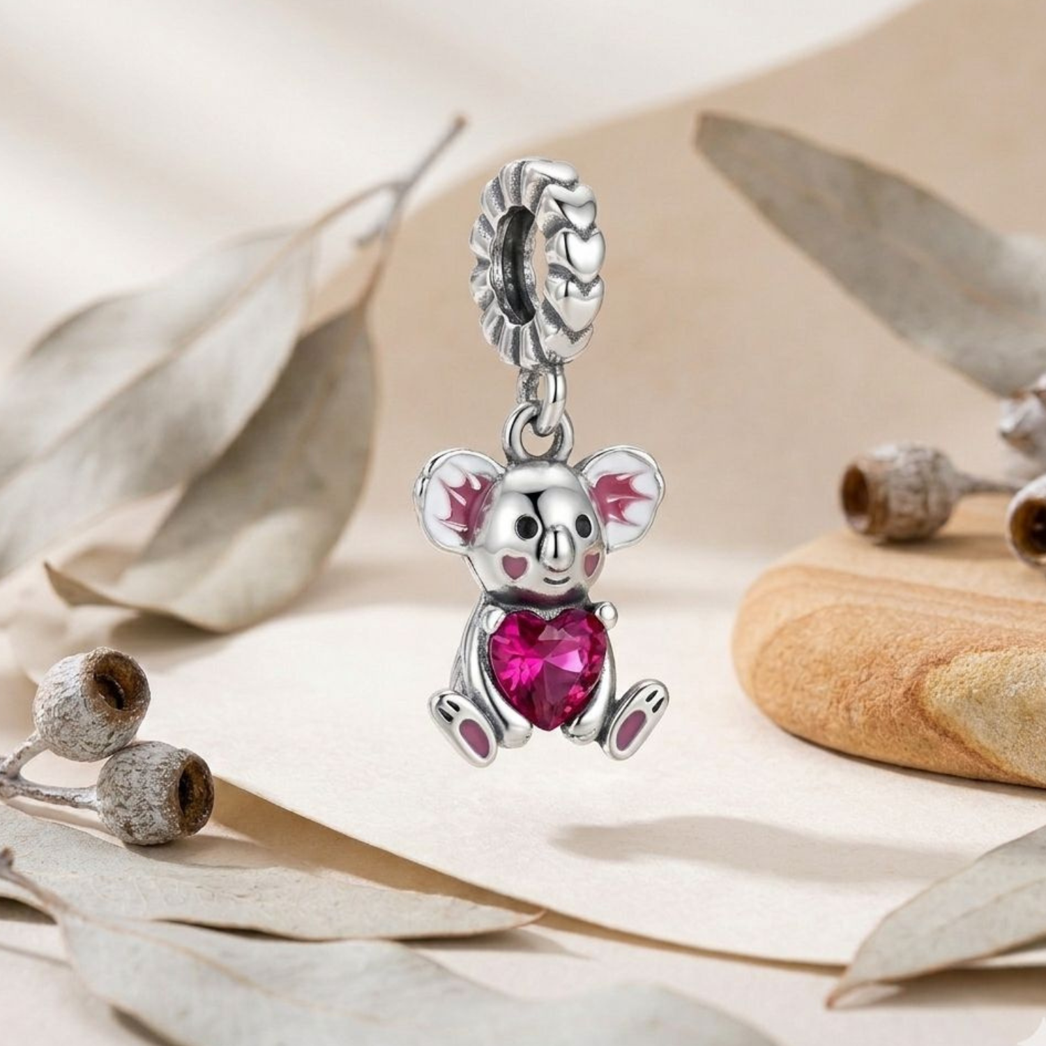 925 Silver Sparkling Heart Koala Dangle Charm