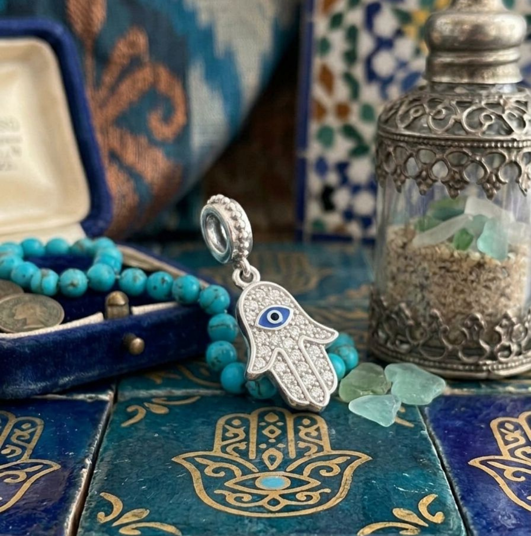 925 Silver CZ Hamsa Evil Eye Protection Dangle Charm