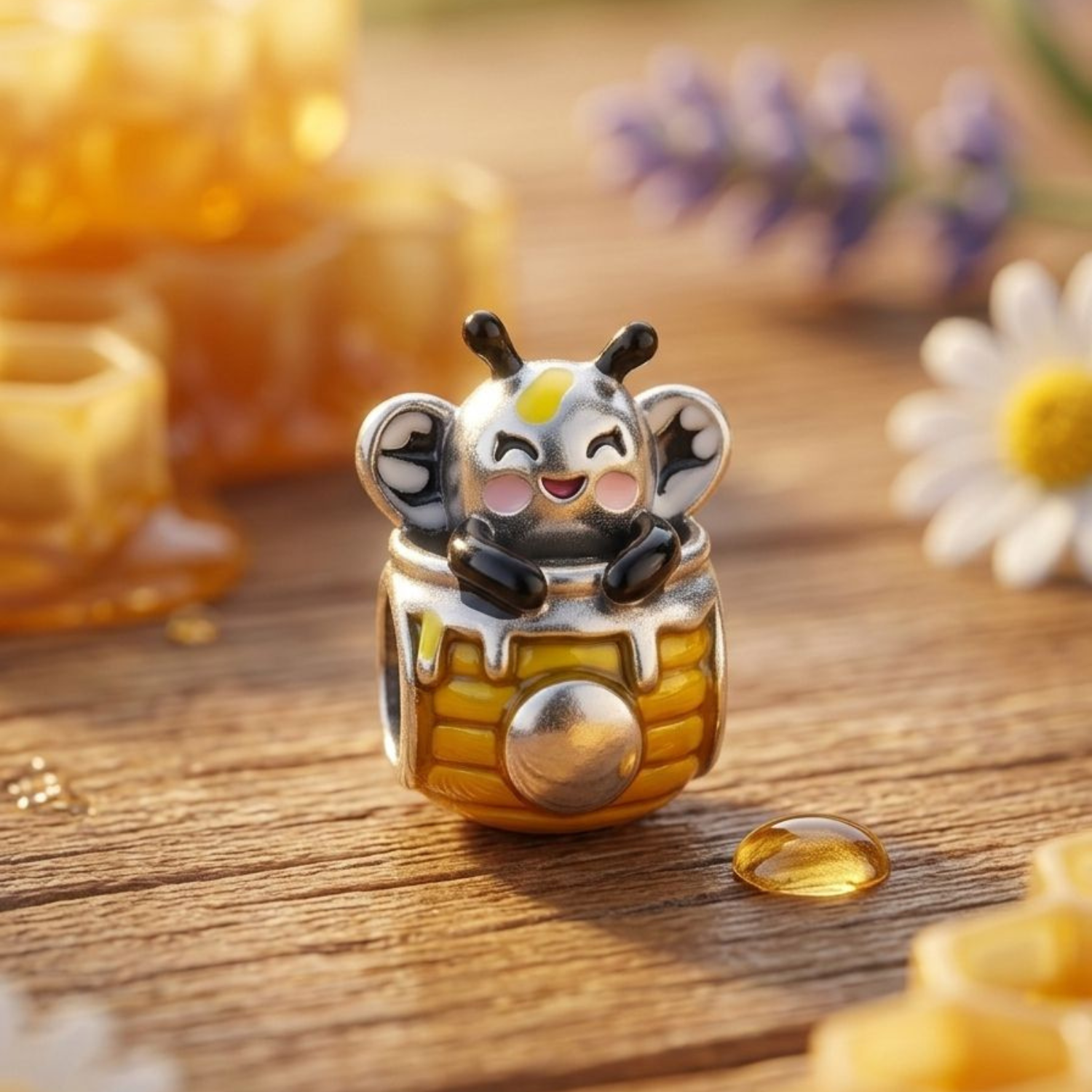 925 Silver Happy Honey Bee in Honeypot Bead Charm