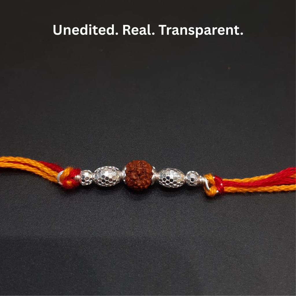 925 Silver Rudraksha Rakhi with Hammered Beads
