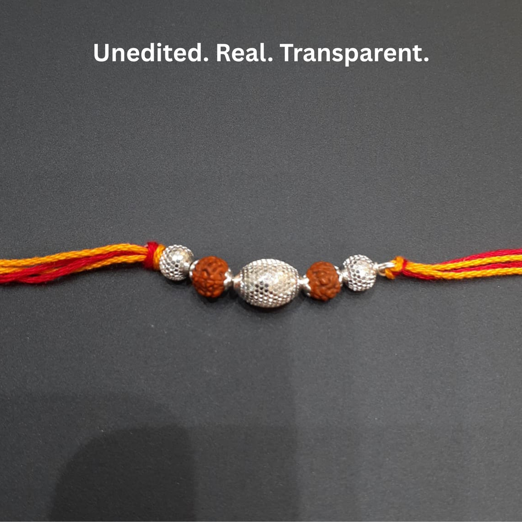 925 Silver Rudraksha Rakhi with Oval Silver Bead