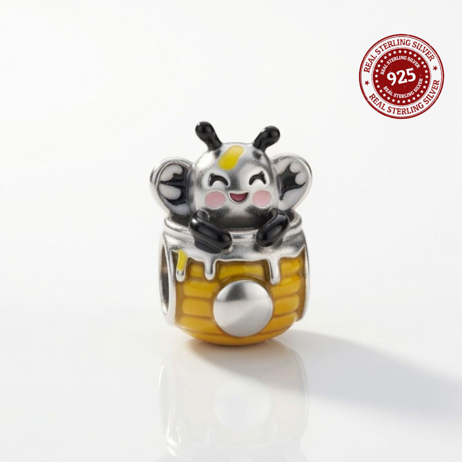 925 Silver Happy Honey Bee in Honeypot Bead Charm