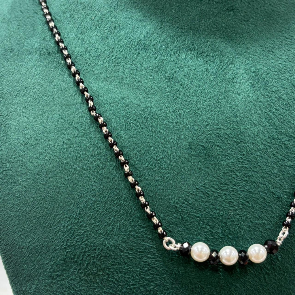Pearl & Black Crystal Pendant 925 Silver Mangalsutra