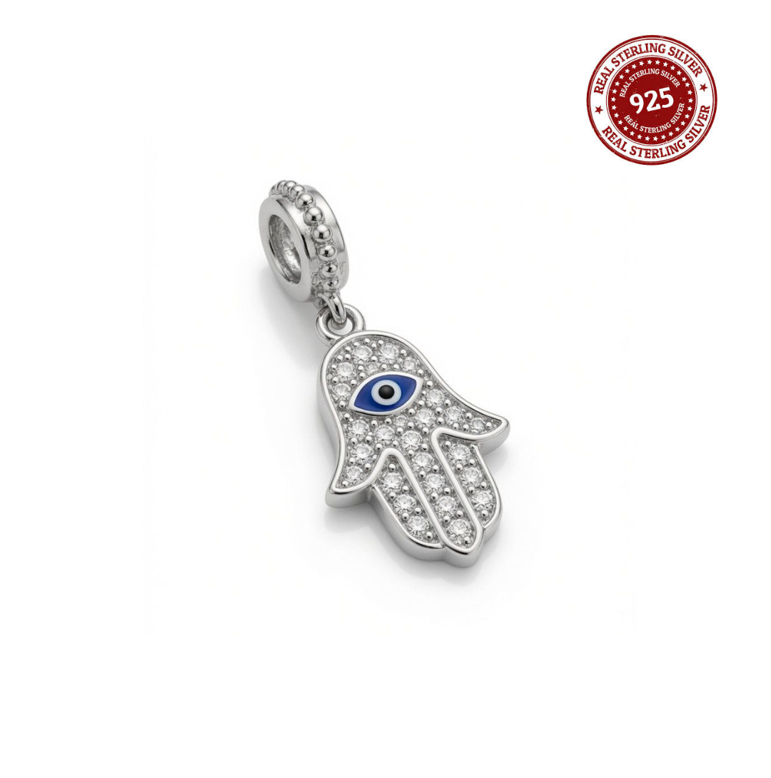 925 Silver CZ Hamsa Evil Eye Protection Dangle Charm
