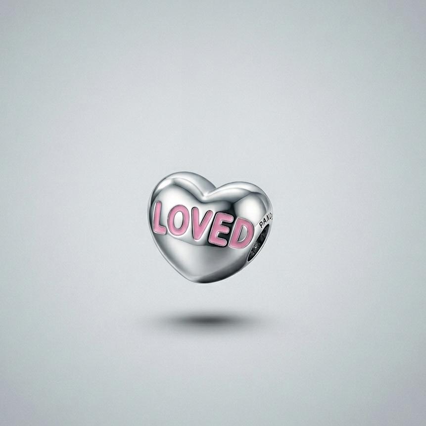 925 Silver "Loved" Pink Enamel Heart Charm