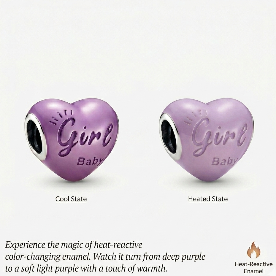 925 Silver "Baby Girl" Color-Changing Heart Charm