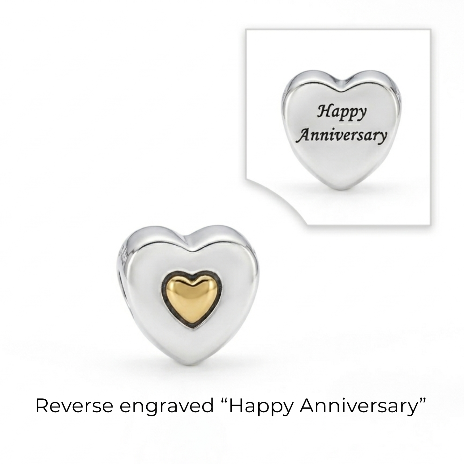 925 Silver Two-Tone Heart Charm – “Happy Anniversary” Engraved